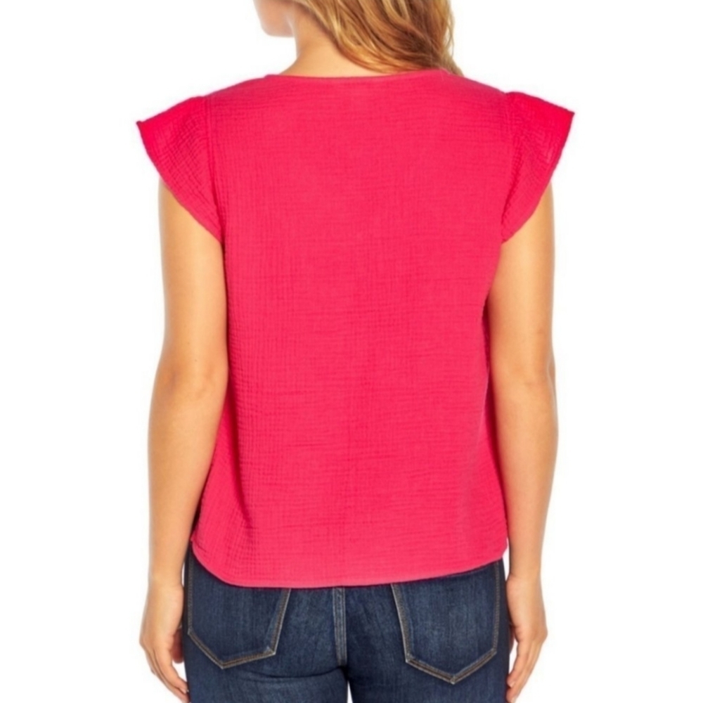 Three Dots Top Women's XXL Fuchsia Double Gauze Cropped Short Ruffle Sleeves - Picture 3 of 8